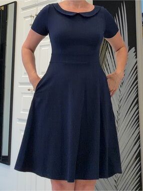 Navy Short-Sleeve Fit-and-Flare Dress with Peter Pan Collar
